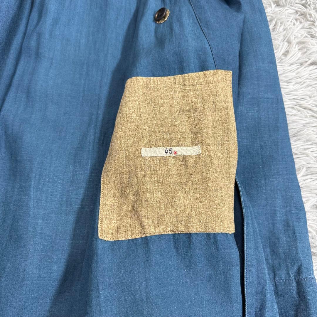 美品✨45R リネントレンチコート インディゴコート ロゴ刺繍 ベルト ゆったり