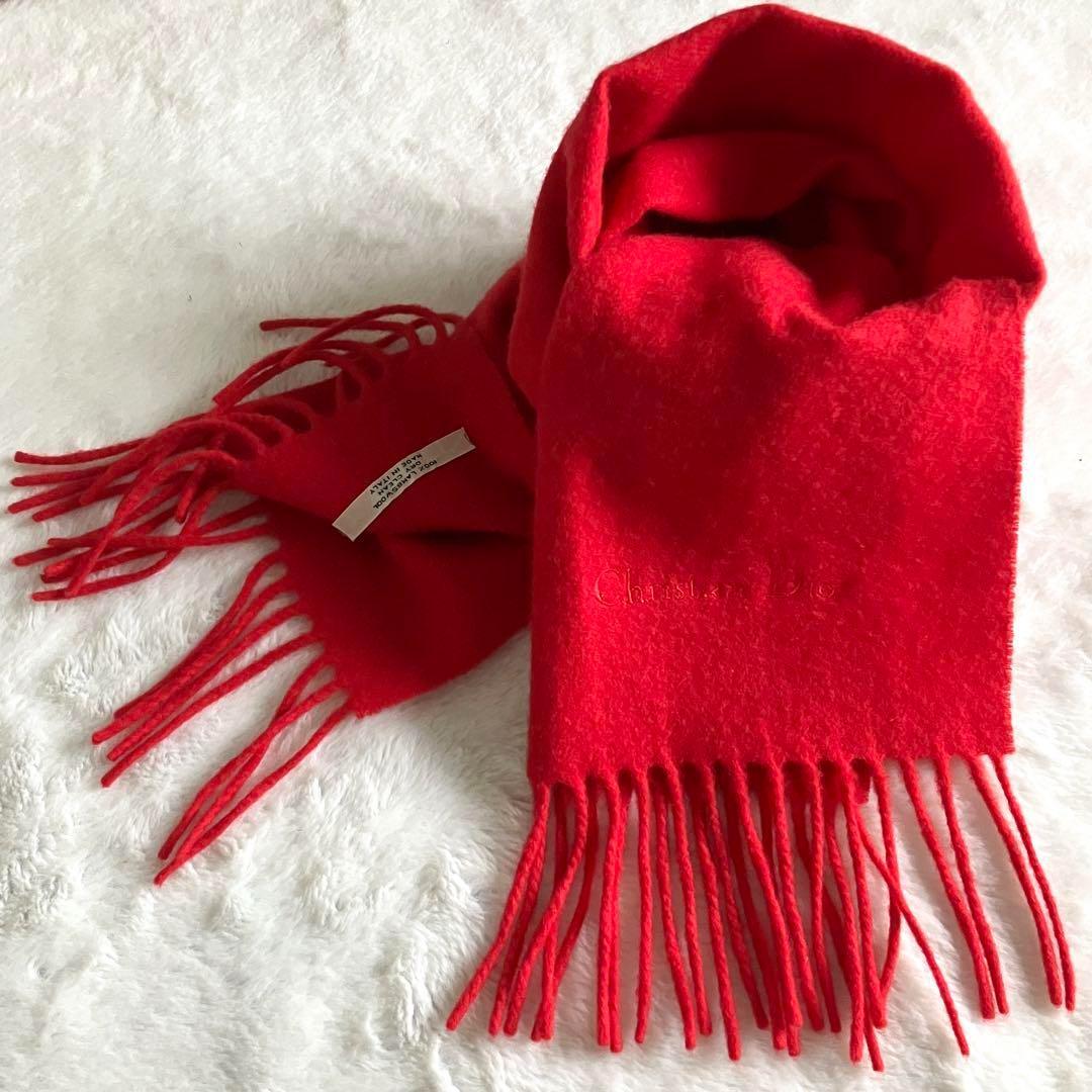 クリスチャンディオール ウール100% ロゴ刺繍 フリンジマフラー レッド