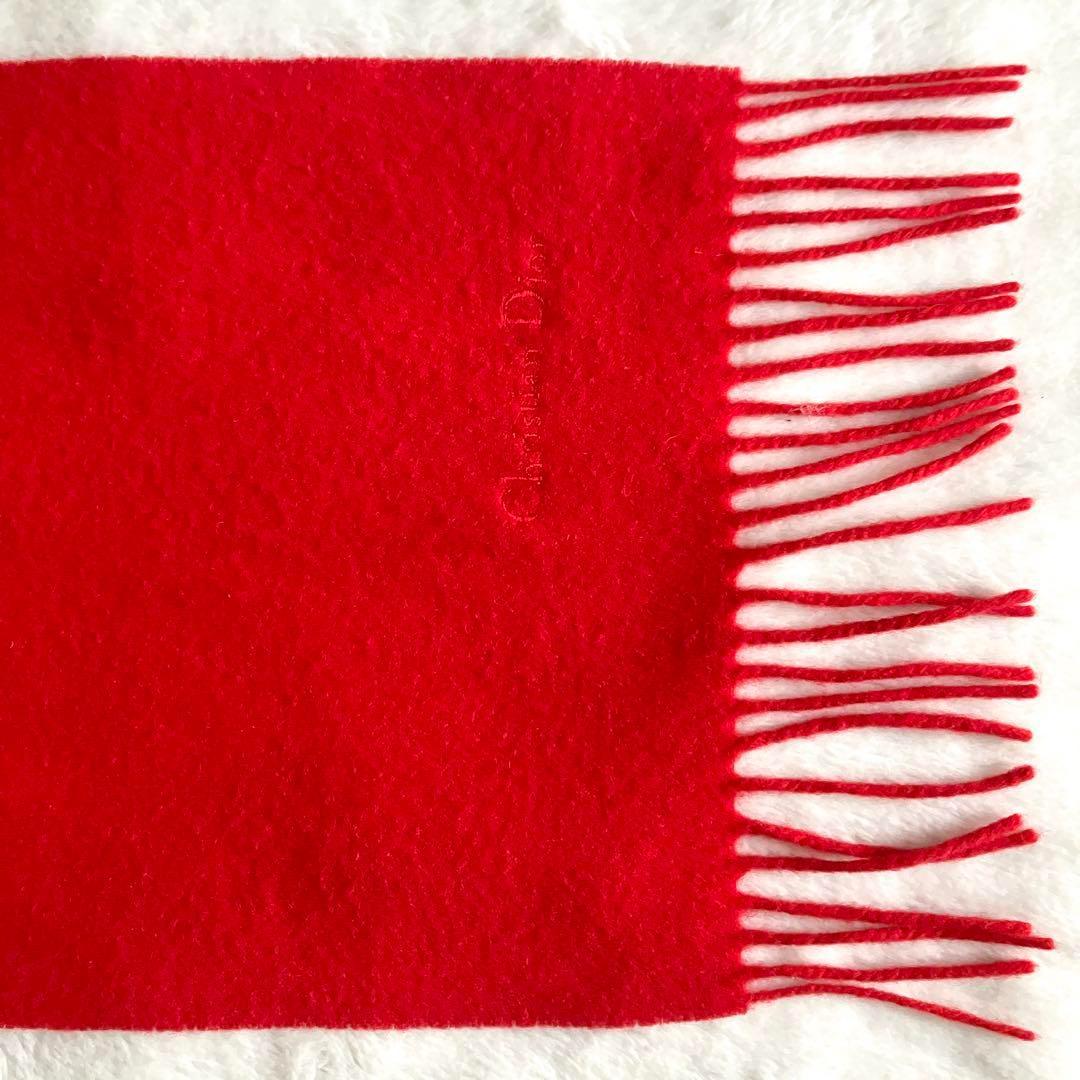 クリスチャンディオール ウール100% ロゴ刺繍 フリンジマフラー レッド