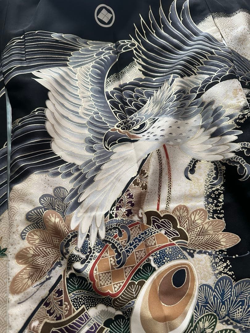 【五つ紋・正絹】男の子 祝い着セット／お宮参り着物 鷹柄 長襦袢付き 七五三