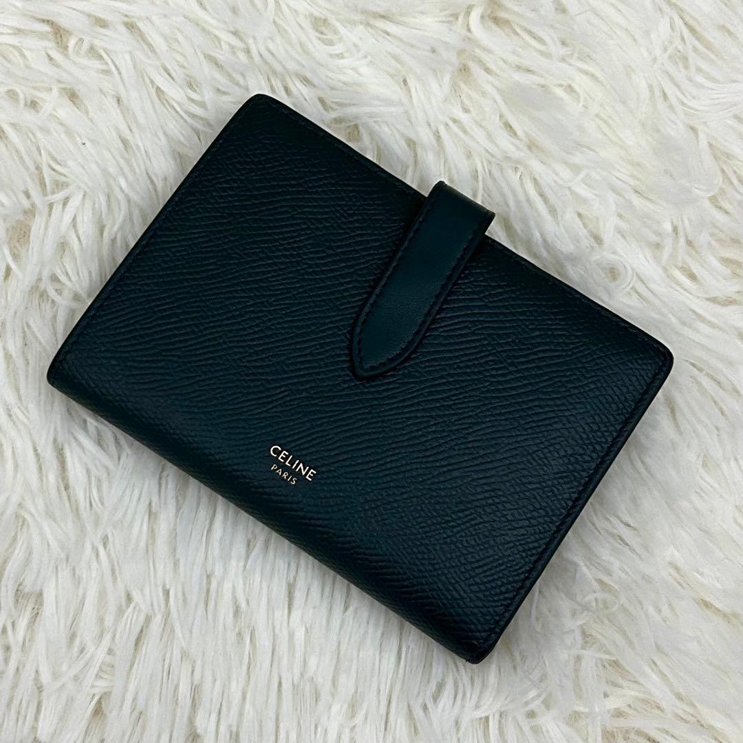 CELINE ミディアム ストラップ ウォレット 二つ折り財布 グリーン系