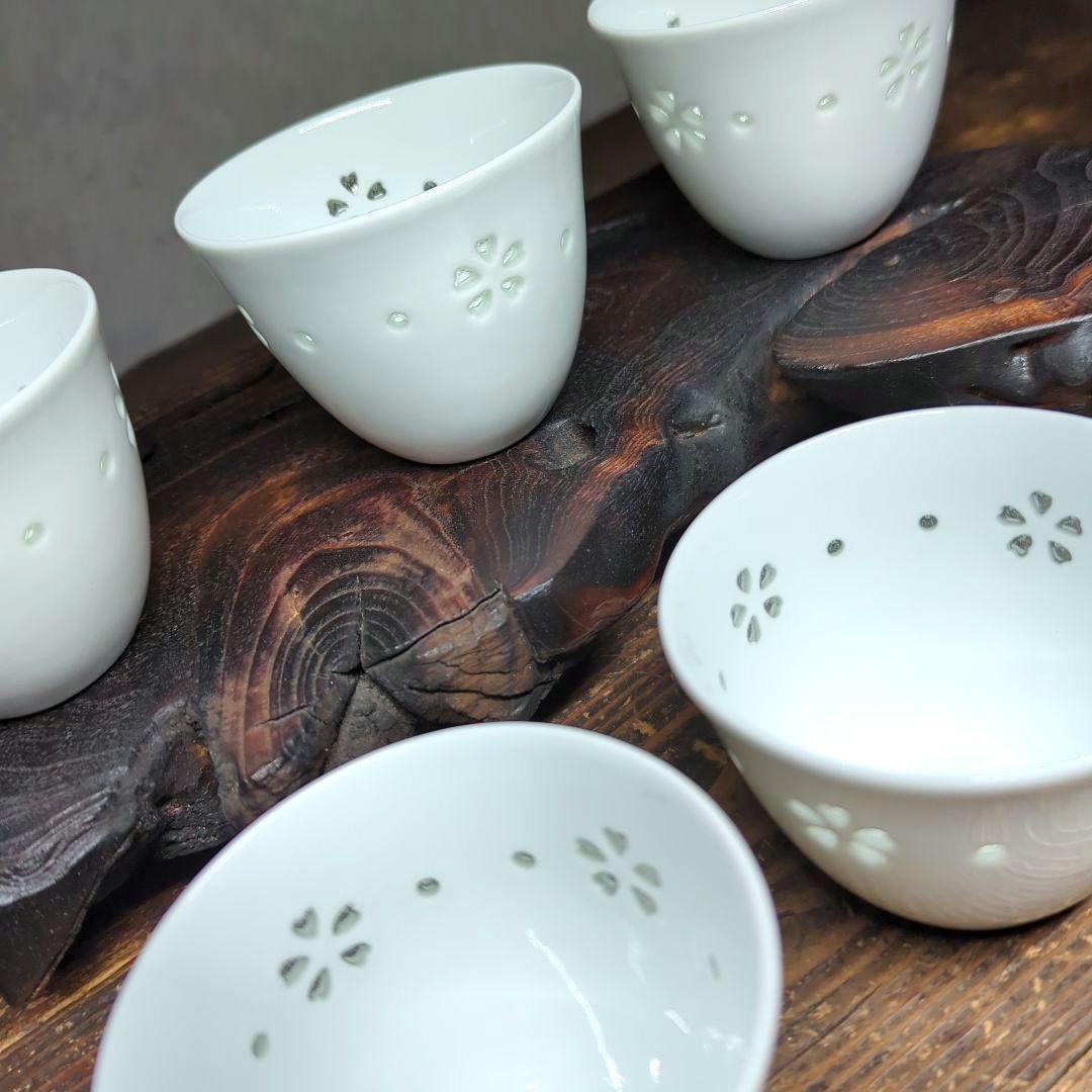 波佐見焼　丹心窯　水晶彫　茶道具　茶器　白磁湯飲み　煎茶碗　5客揃