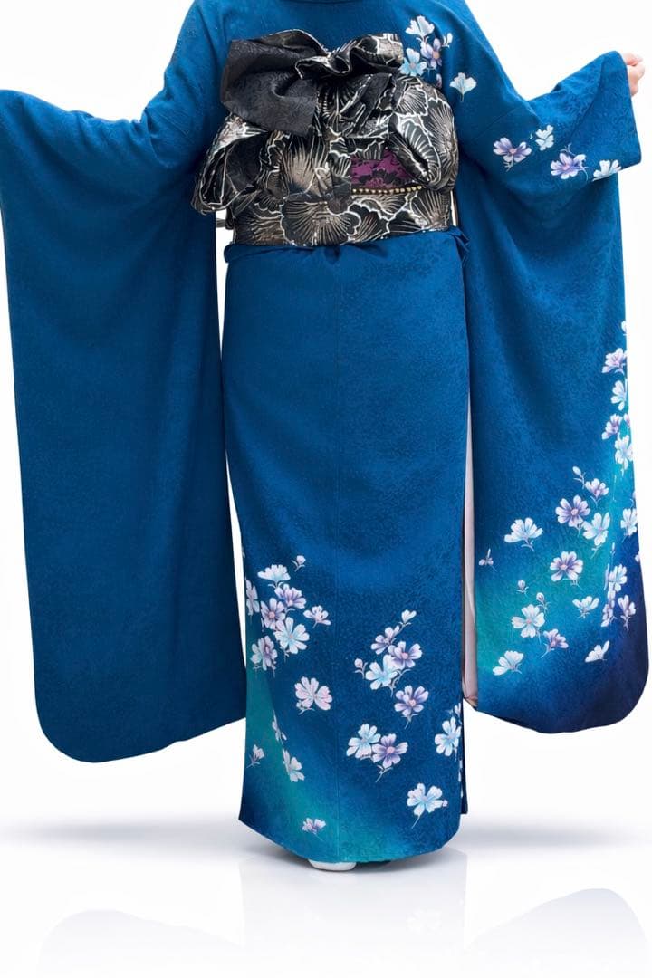 振袖単品　花柄シンプルブルー思い切って最終値下げ