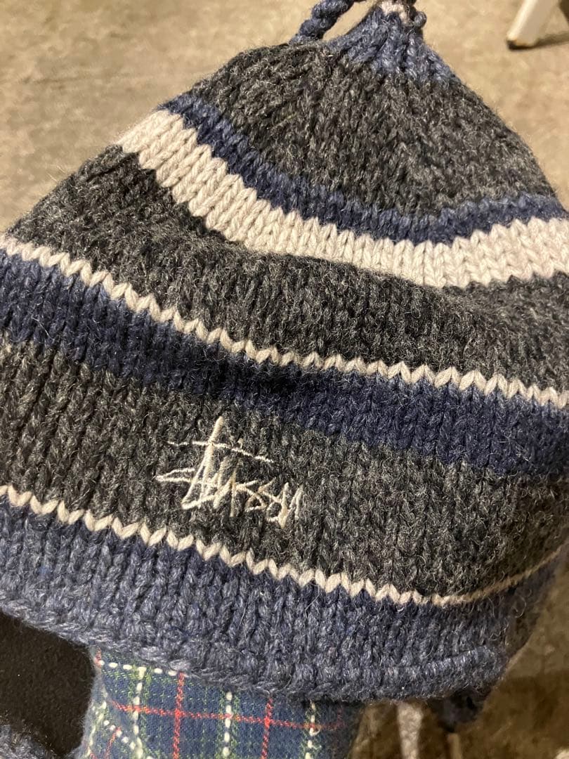 old stussy ストライプ ニット帽 耳あて付き 90s