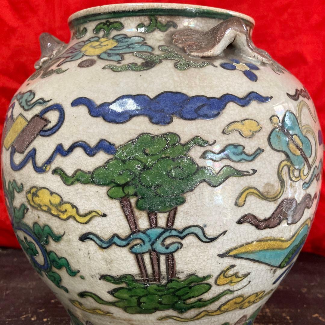 中国　色絵　三耳壺　鳳凰図