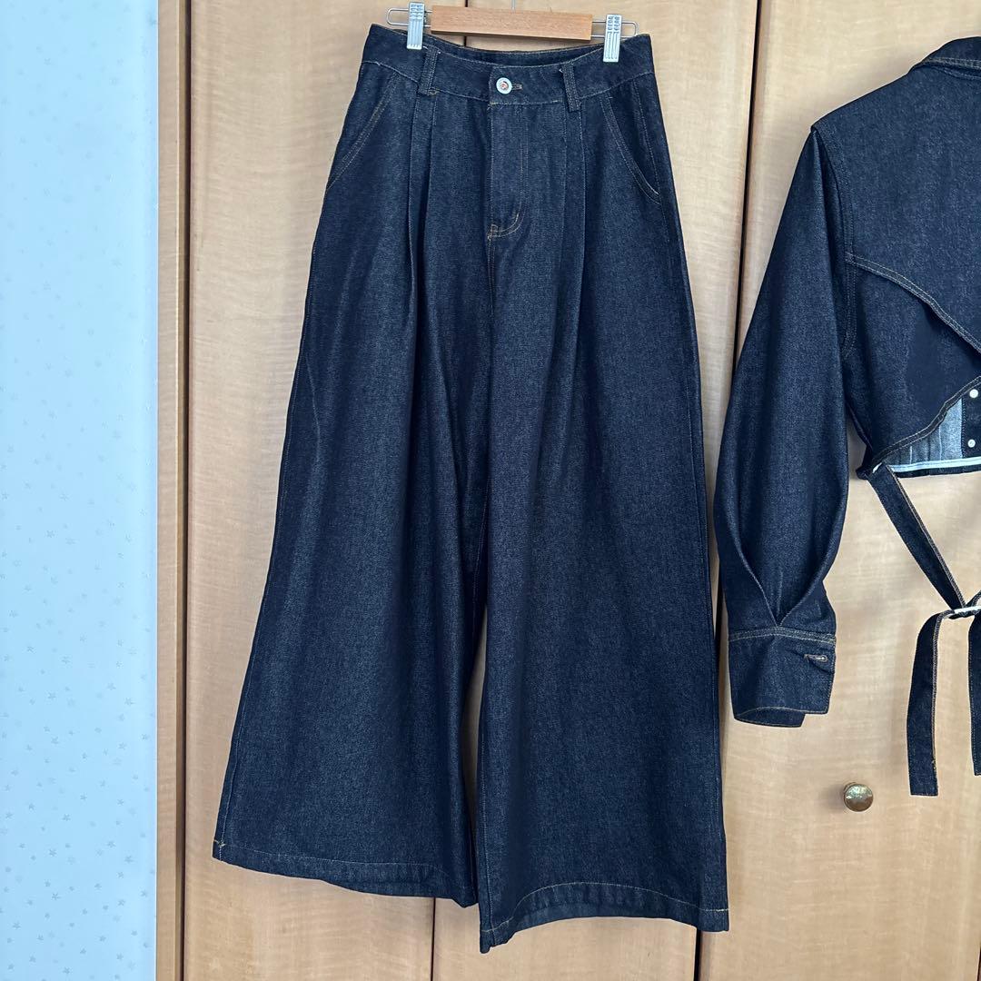 【SETUP】バックデザイン タックワイドデニムセットアップ　unnu