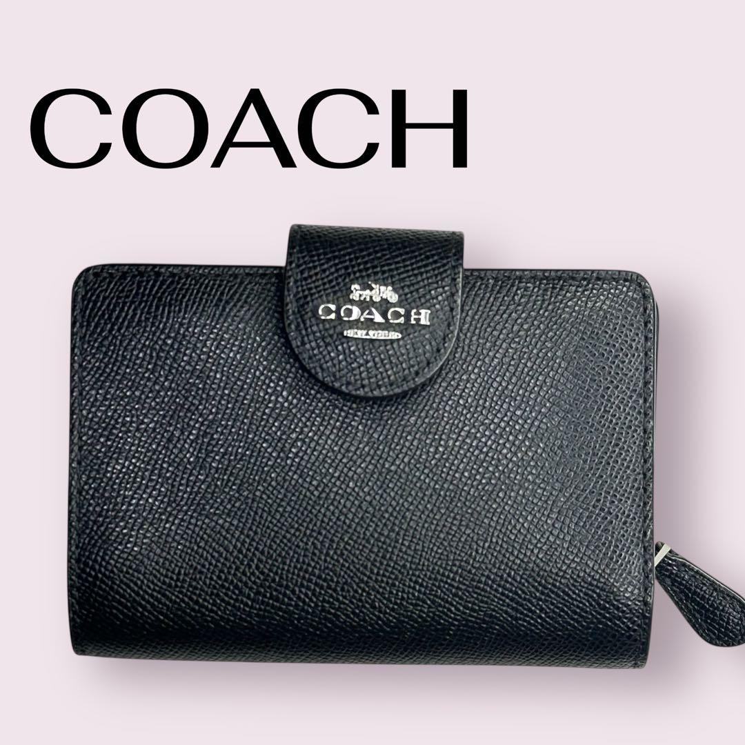 【美品】COACH コーチ 二つ折り財布 ブラック レザー