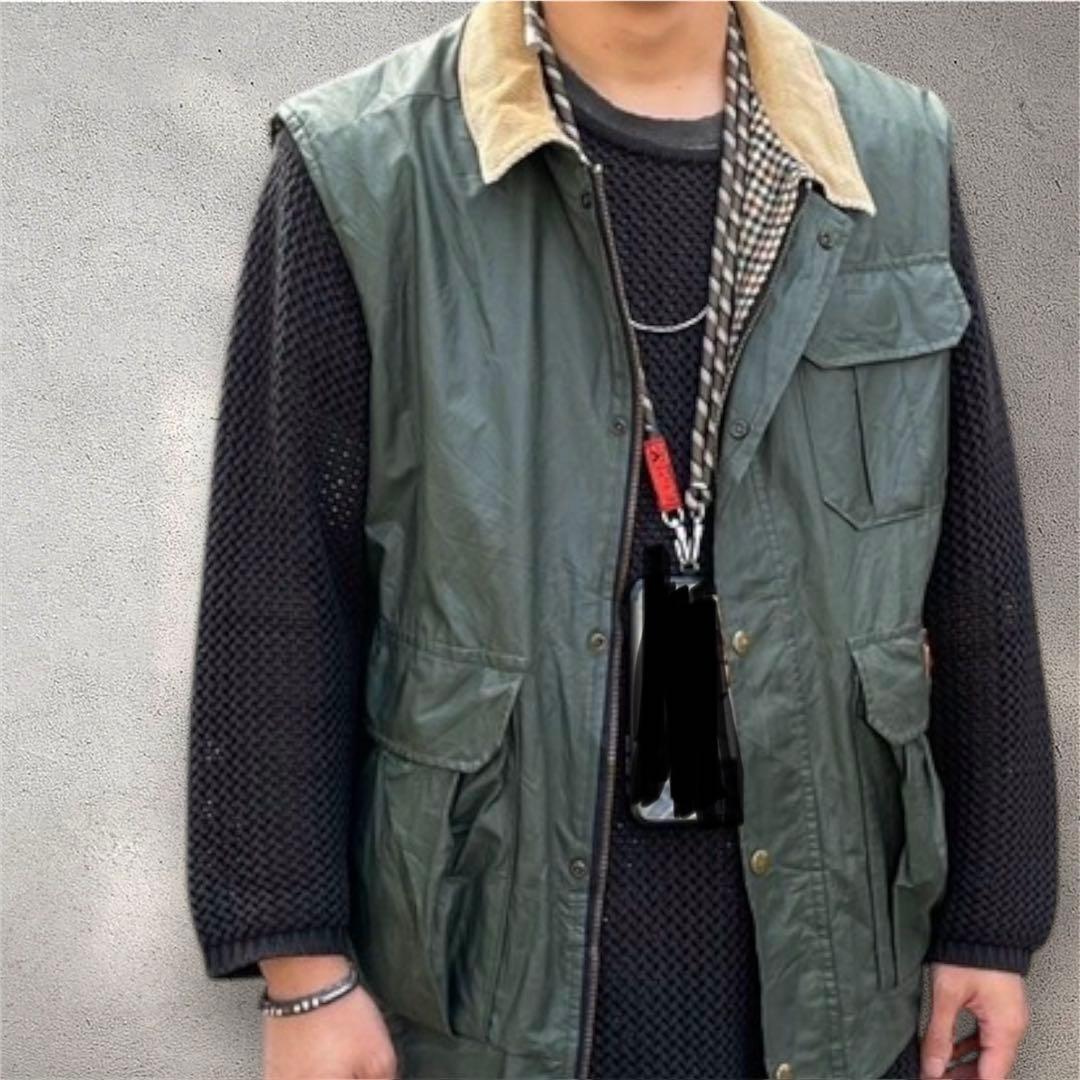 USA製 90s ウールリッチ オイルドベスト XL 緑 バブアー型 ビンテージ