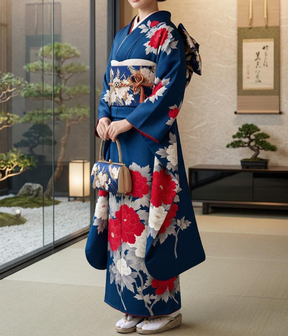 振袖3点セット 成人式 紺 赤 花柄 袋帯 長襦袢 前撮り 卒業式 振袖