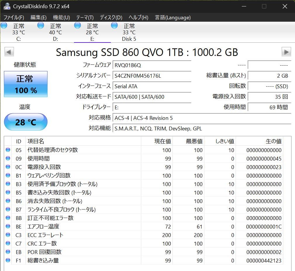 Samsung 860 QVO 1TB SATA 2.5 SSD ほぼ未使用