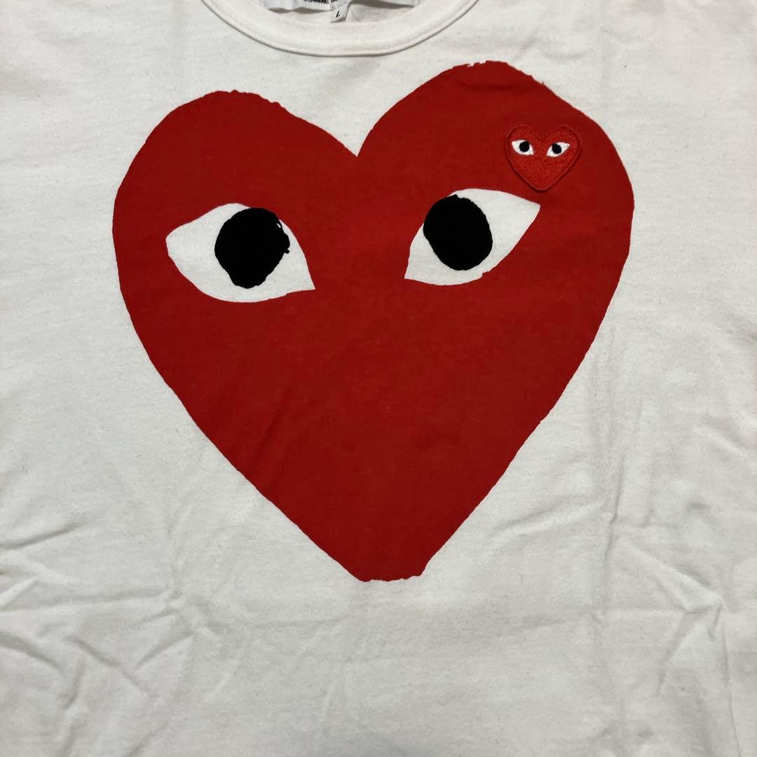 プレイコムデギャルソン ダブルハート ワッペン プリントTシャツ 白赤 L