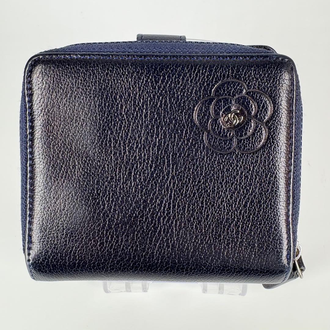 ✨良品✨シャネル CHANEL カメリア　折り財布　ネイビー系