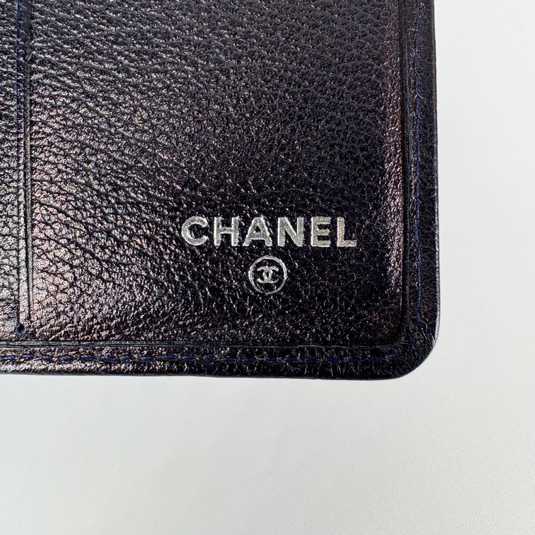 ✨良品✨シャネル CHANEL カメリア　折り財布　ネイビー系