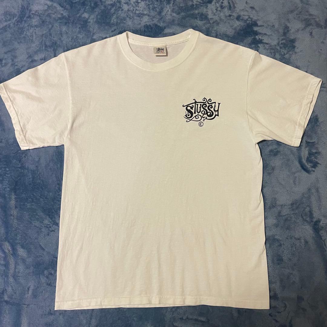old STUSSY USA製Tシャツ L 白バックプリント ロゴTステューシー