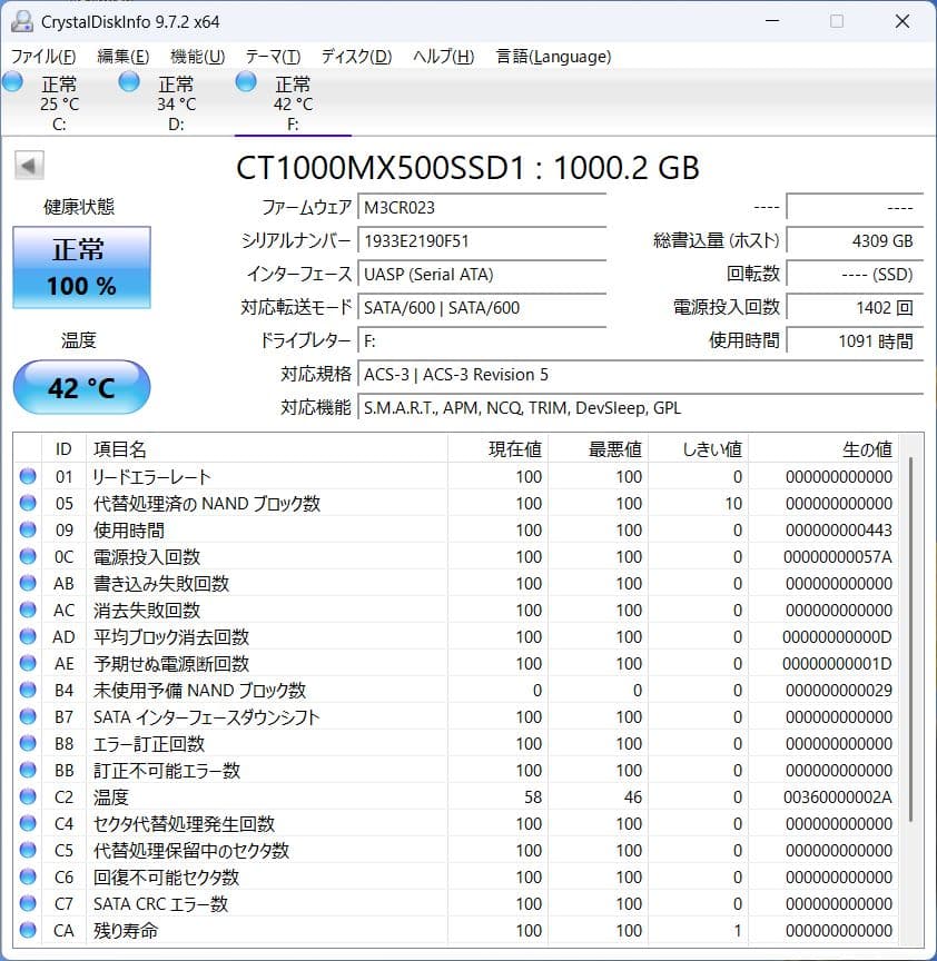 crucial CT1000MX500SSD 1TB 2.5インチ