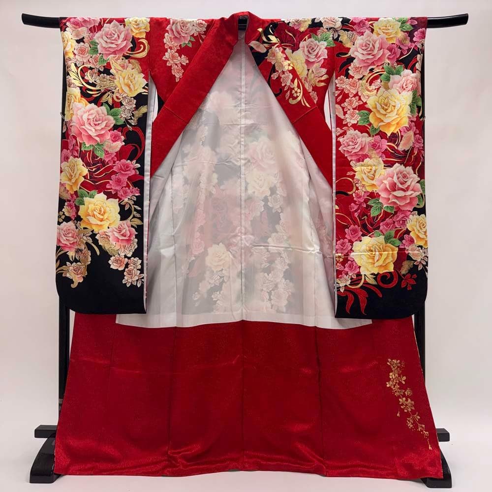 振袖 正絹 赤　薔薇 花柄　裄68㎝ 假屋崎省吾　成人式 中古 D-118