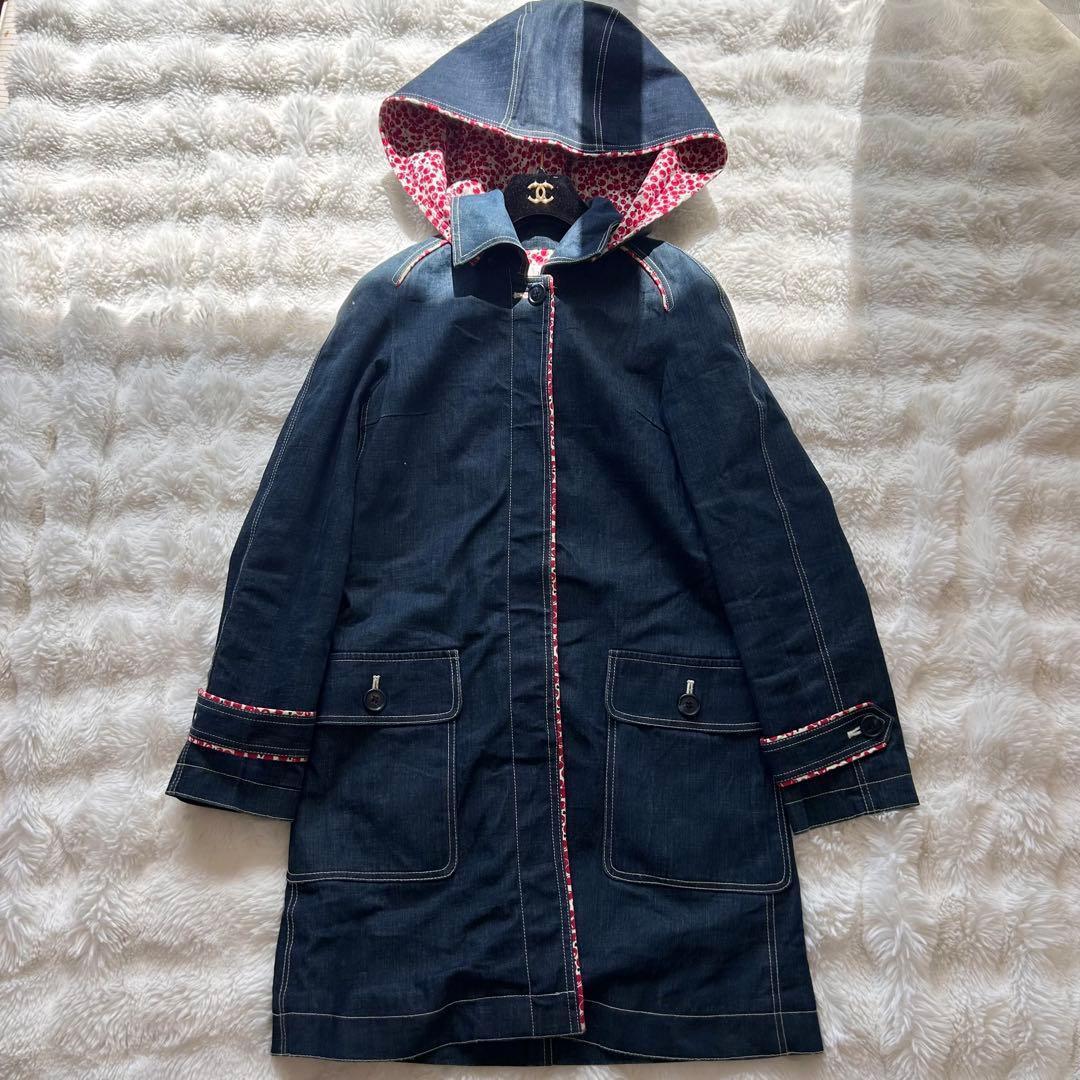 【美品】Rene デニム ステンカラーコート 裏地さくらんぼ柄 フード付き 春秋