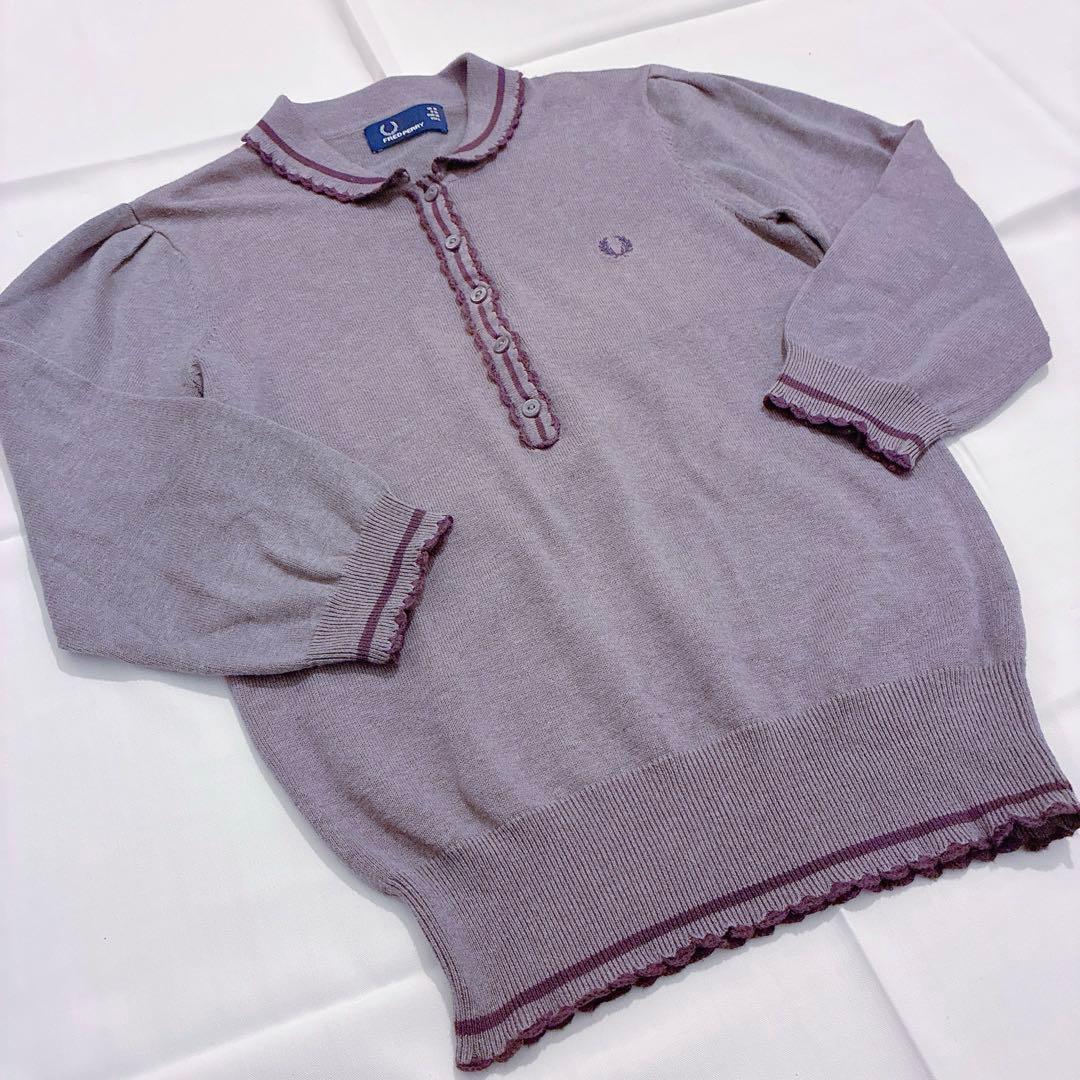 FRED PERRY ポロシャツ ニット 7分袖 フリル ラベンダー 綿100%