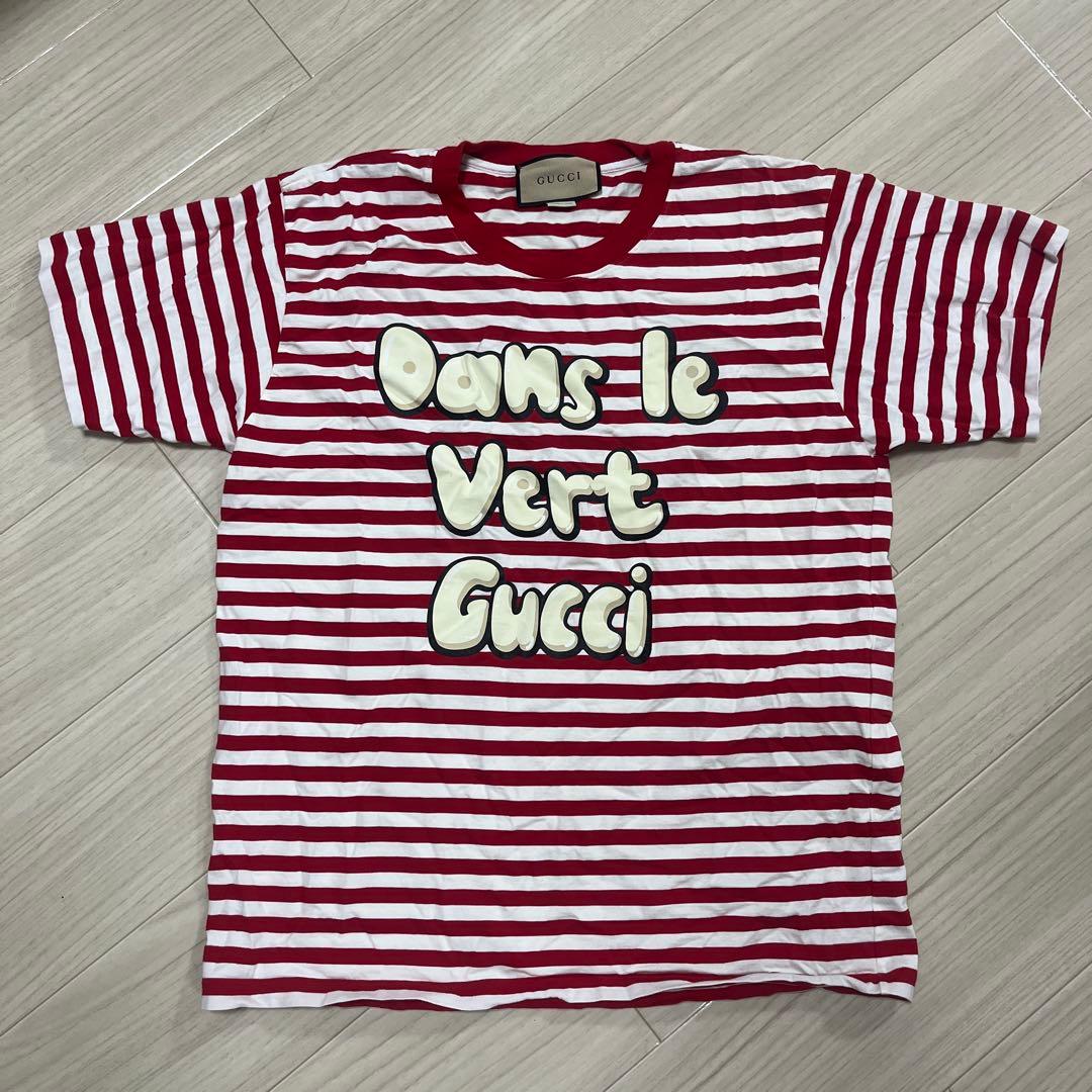 美品 GUCCI グッチ 半袖Tシャツボーダー ロゴプリント レッドホワイトXS