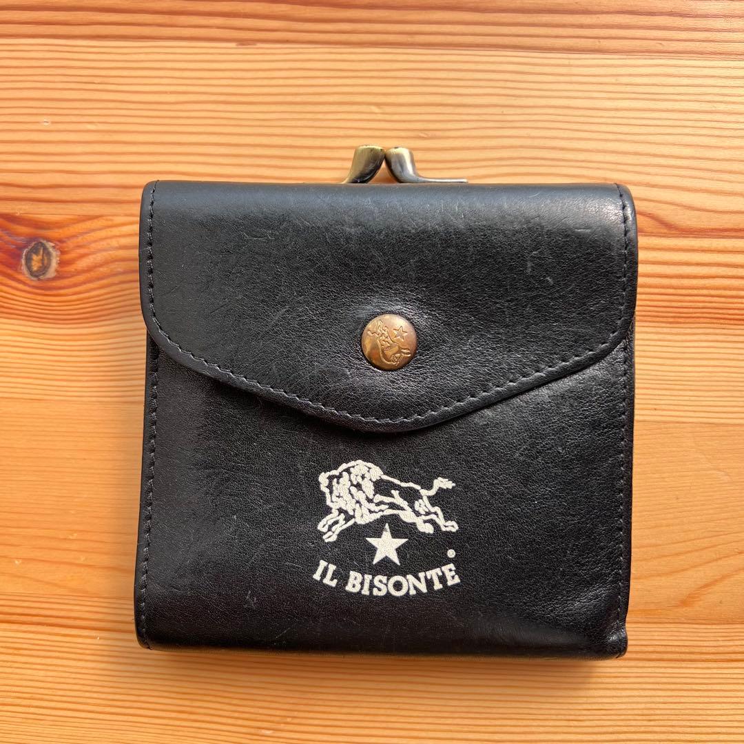 IL BISONTE がま口 二つ折り財布 ロゴ入り 保存袋付き ブラック