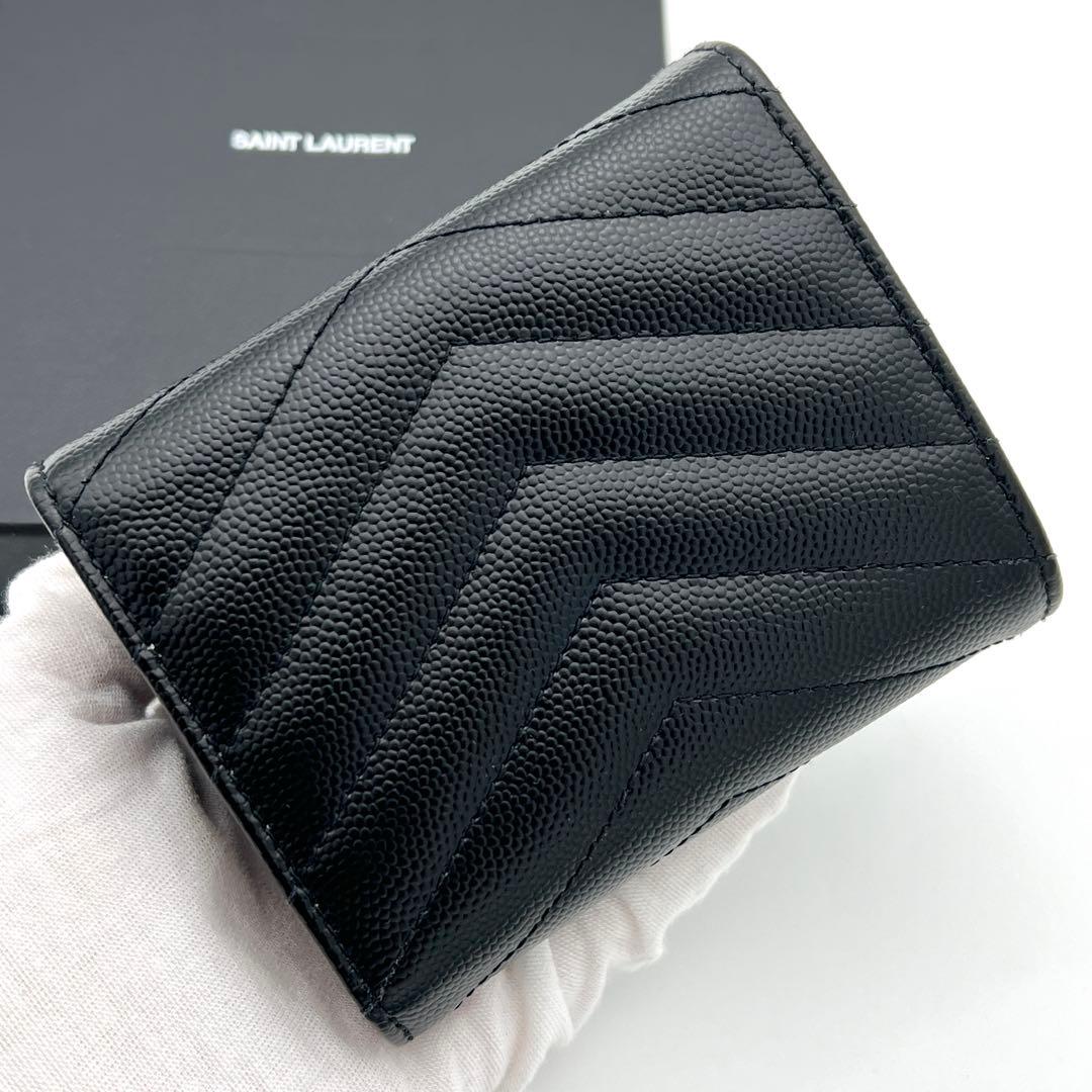 【最高級美品】サンローラン キャビアスキン フラップ 三つ折り財布 黒 ブラック