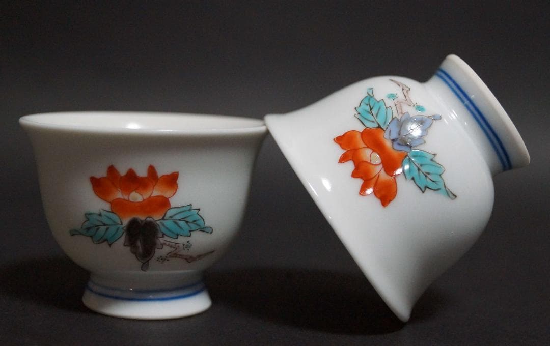 煎茶道具 有田焼 其泉造 色絵花文 煎茶碗セット(五客) 手描き 箱付★美品★