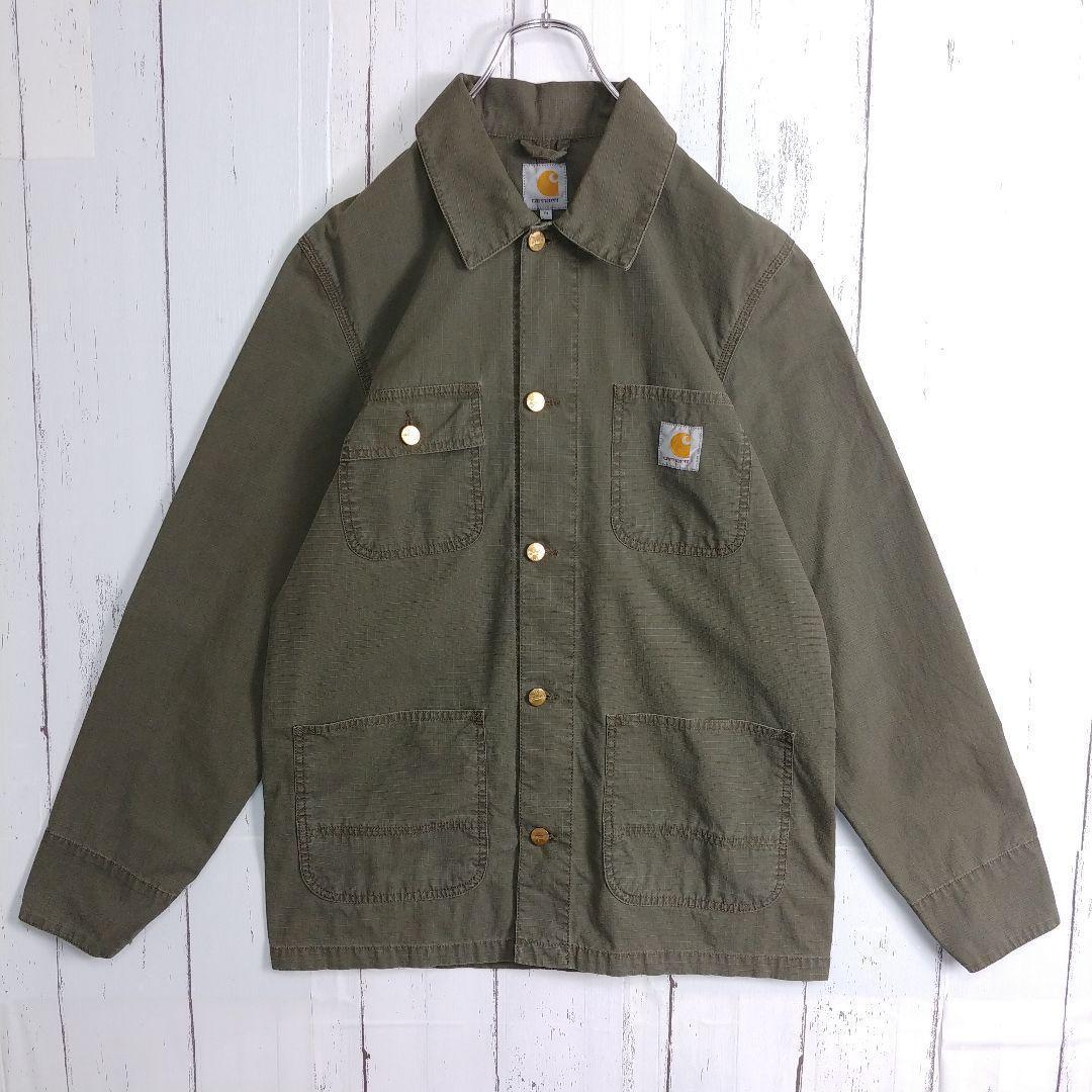 【人気モデル】カーハート カバーオール カーキ 刺繍ロゴ 定番アイテム M
