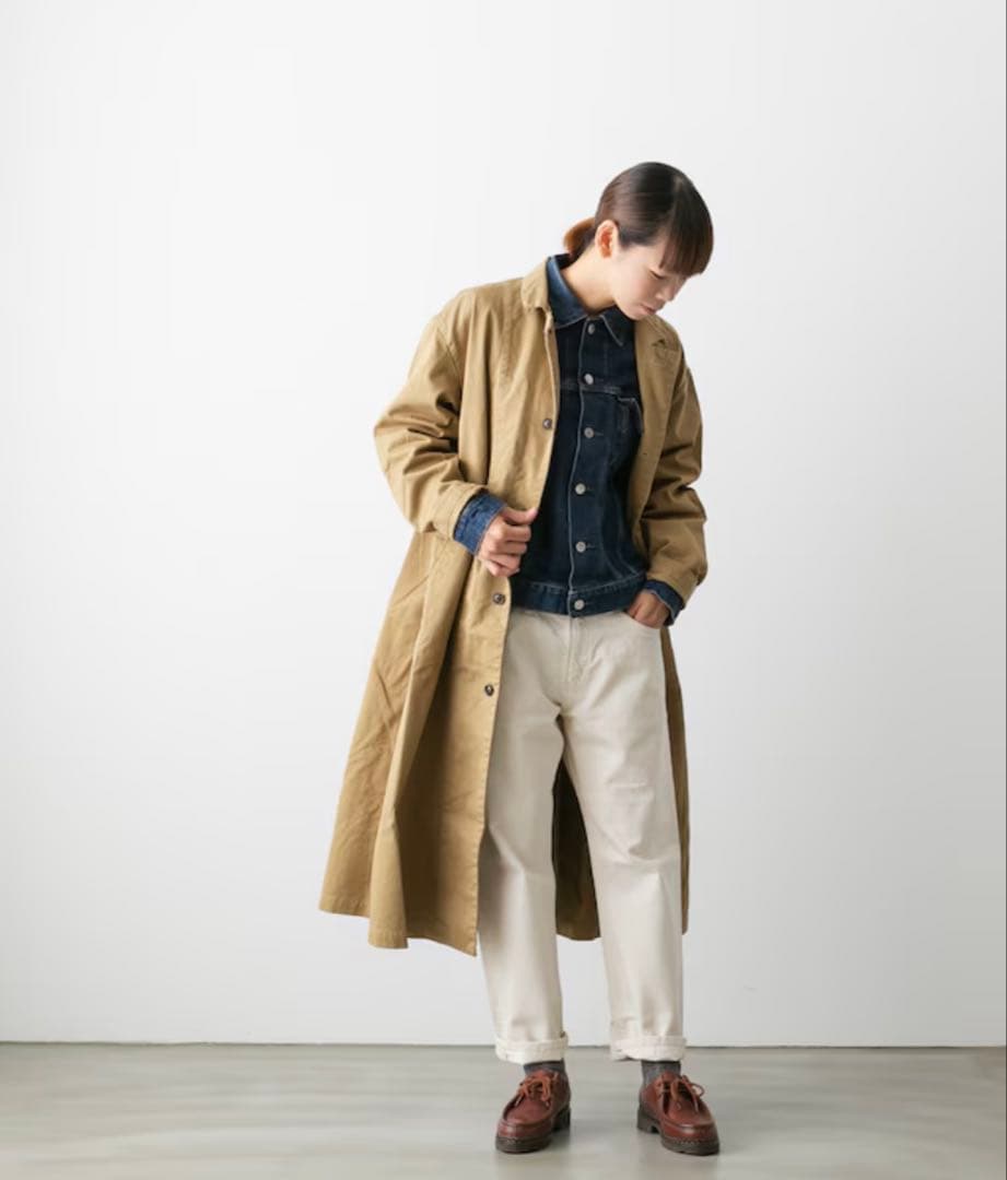 “HARVESTY”コットンチノクロスオーバーコート・サイズ1・カーキベージュ