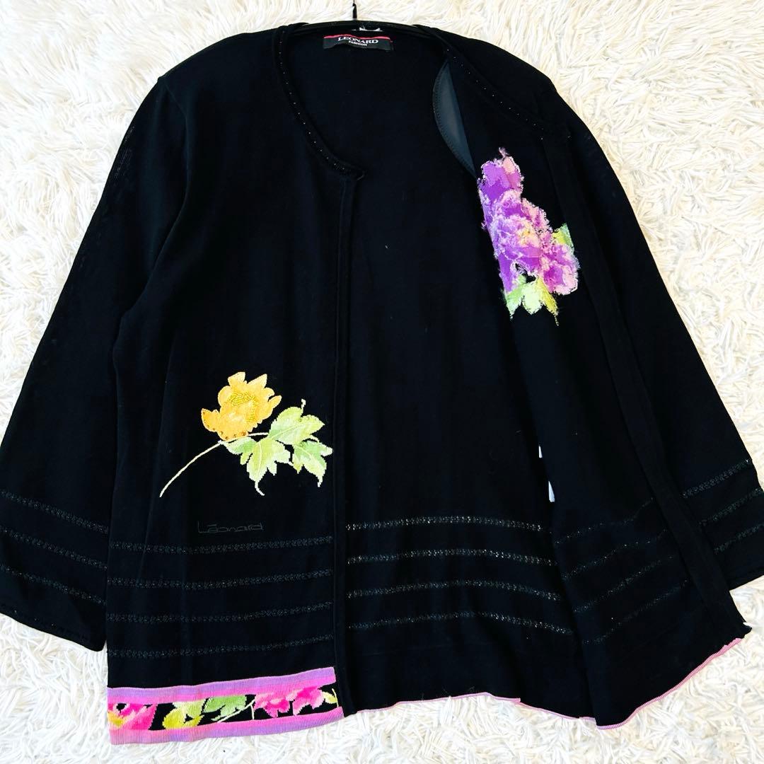レオナール LEONARD カーディガン ラインストーン ビーズ 花柄 シルク混