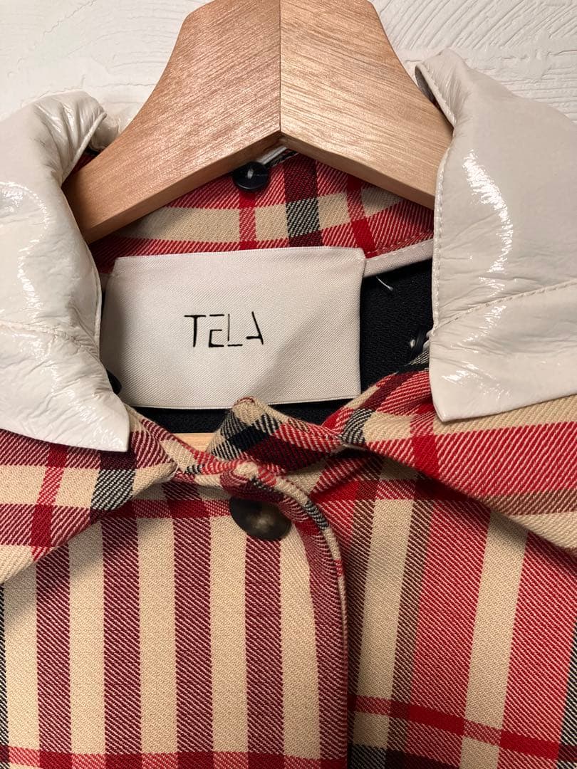 美品❗️TELA テラ　チェック柄　ウールコート　レザー フード　2way 赤