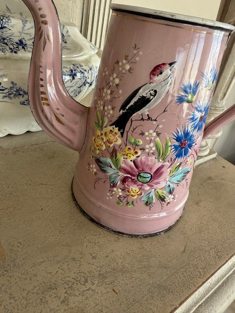 フランスアンティークホーローピンクの花と小鳥ハンドペイントコーヒーポット