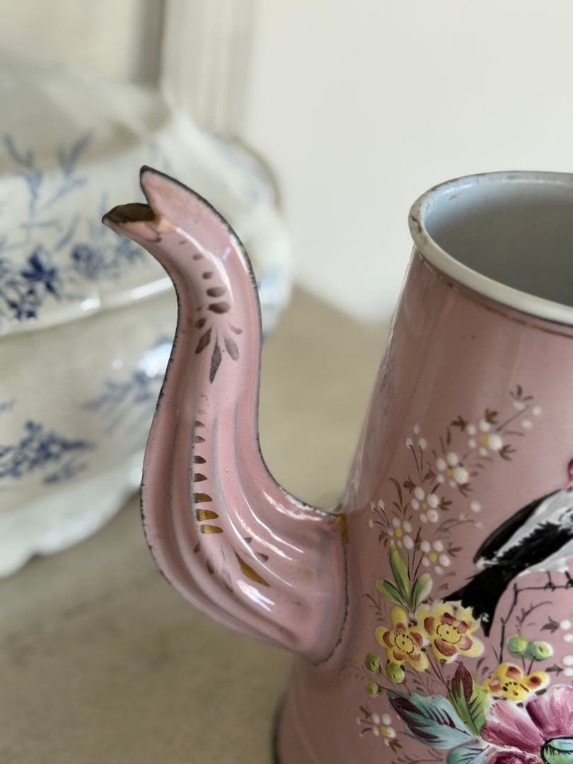 フランスアンティークホーローピンクの花と小鳥ハンドペイントコーヒーポット