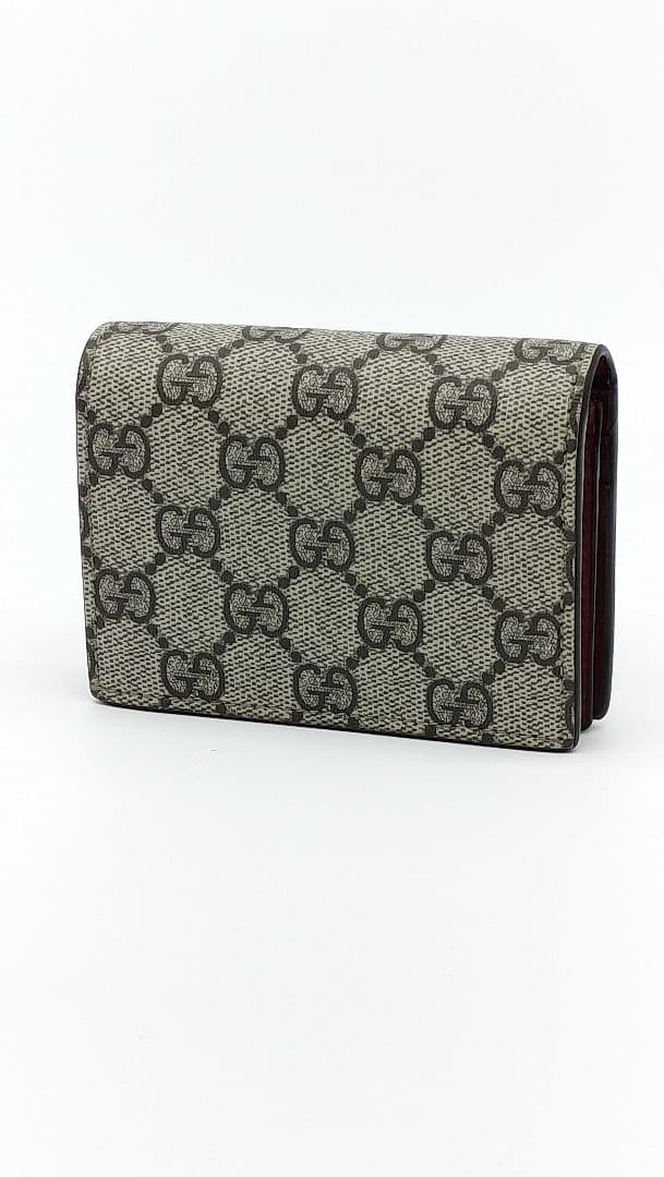 （美品）GUCCI 二つ折り財布GGスプリームベージュハイビスカスレッド箱袋付き