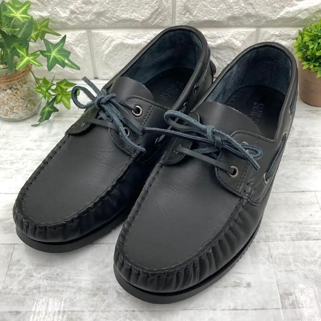 【美品】SHIPS シップス オイルレザー デッキシューズ モカシン 27cm黒