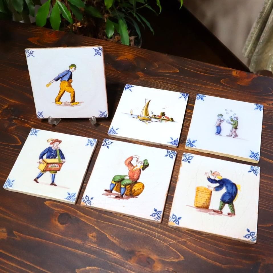 オランダ デルフトタイル 彩色画6枚セット 西洋アンティーク陶器 コースター