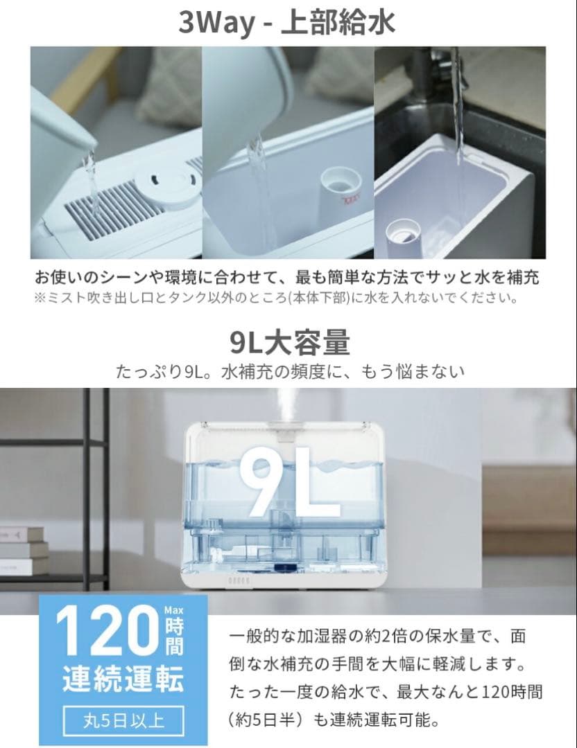未使用新品 加湿器 大容量 9L 最新モデル AI加湿 5重除菌 ハイブリッド式