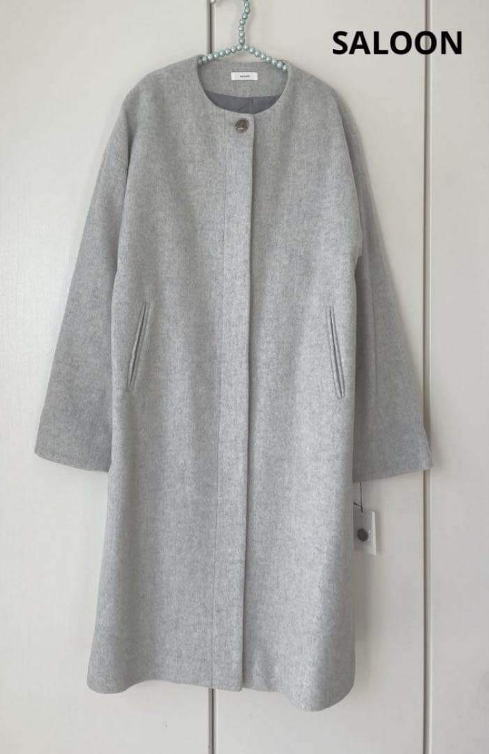 新品 高級 羊毛 ノーカラーコート ウールコート SALOON ロングコート