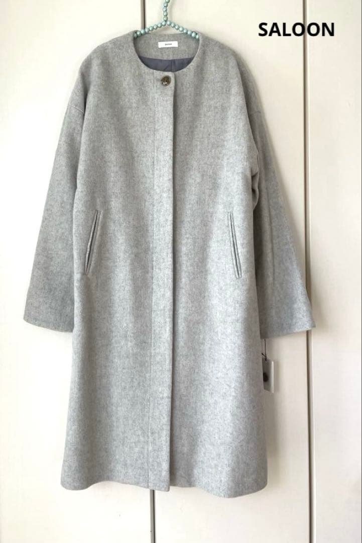新品 高級 羊毛 ノーカラーコート ウールコート SALOON ロングコート