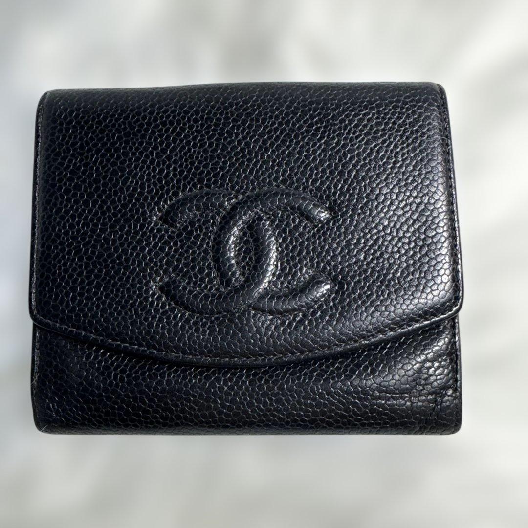 CHANEL シャネル ココマーク ダブルホックウォレット キャビアスキン 黒