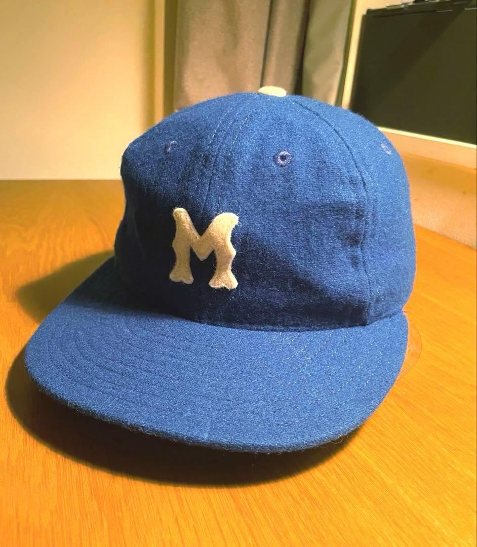 希少 USA製 エベッツフィールド Mロゴ cap 青 ウール レザー
