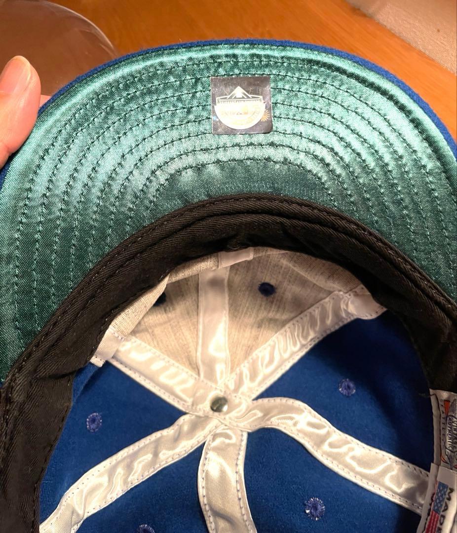 希少 USA製 エベッツフィールド Mロゴ cap 青 ウール レザー