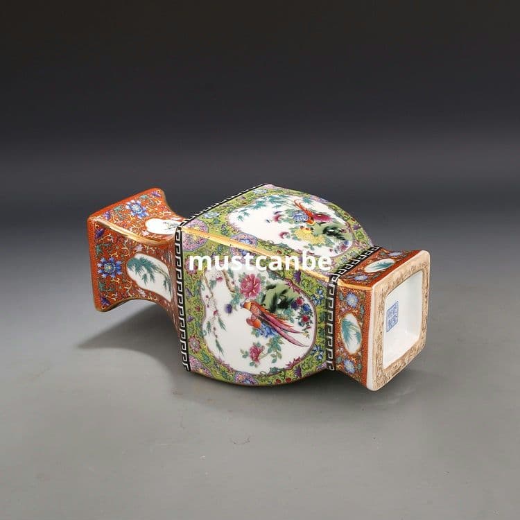 琺瑯彩蒔絵四方賞瓶 景徳鎮 陶磁器 装飾品 現代工芸品 美術品 置物