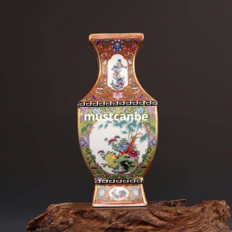 琺瑯彩蒔絵四方賞瓶 景徳鎮 陶磁器 装飾品 現代工芸品 美術品 置物
