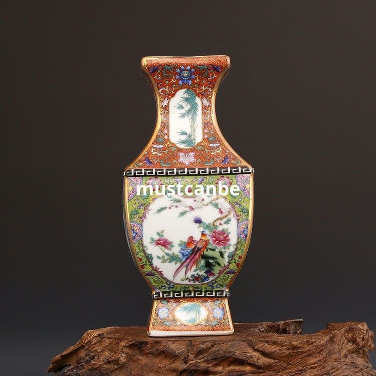 琺瑯彩蒔絵四方賞瓶 景徳鎮 陶磁器 装飾品 現代工芸品 美術品 置物