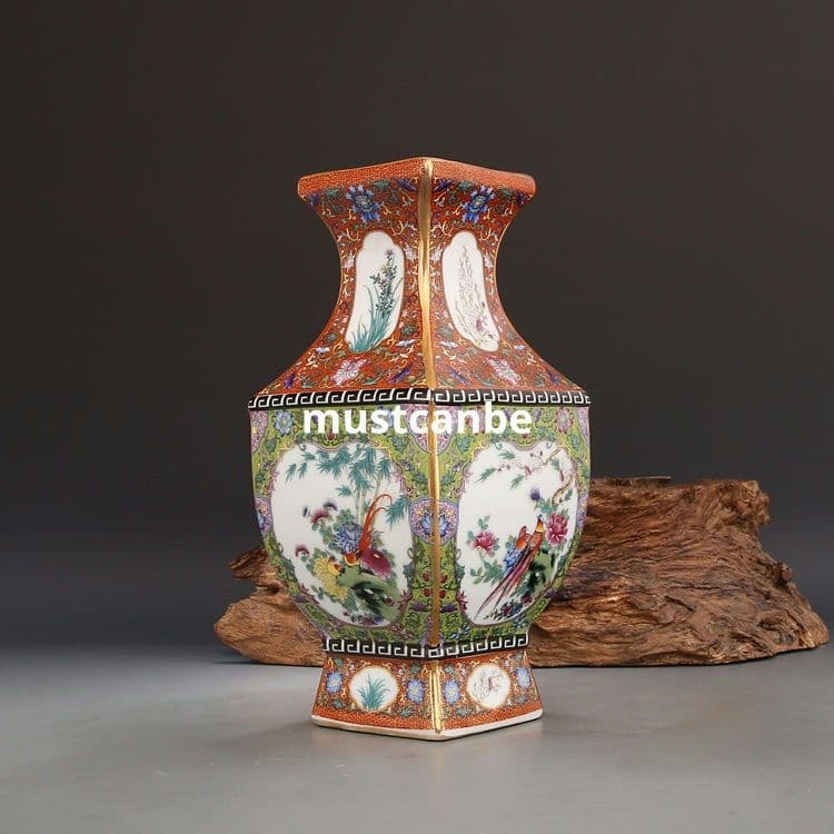 琺瑯彩蒔絵四方賞瓶 景徳鎮 陶磁器 装飾品 現代工芸品 美術品 置物