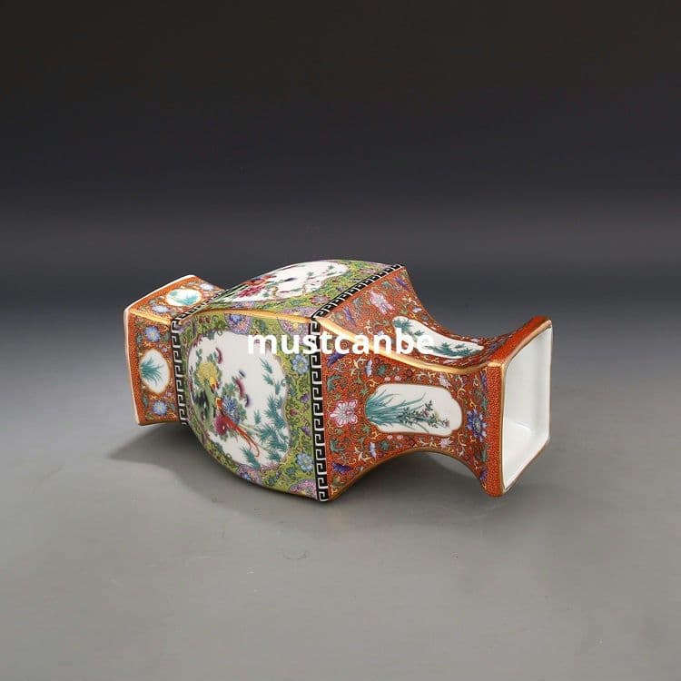 琺瑯彩蒔絵四方賞瓶 景徳鎮 陶磁器 装飾品 現代工芸品 美術品 置物