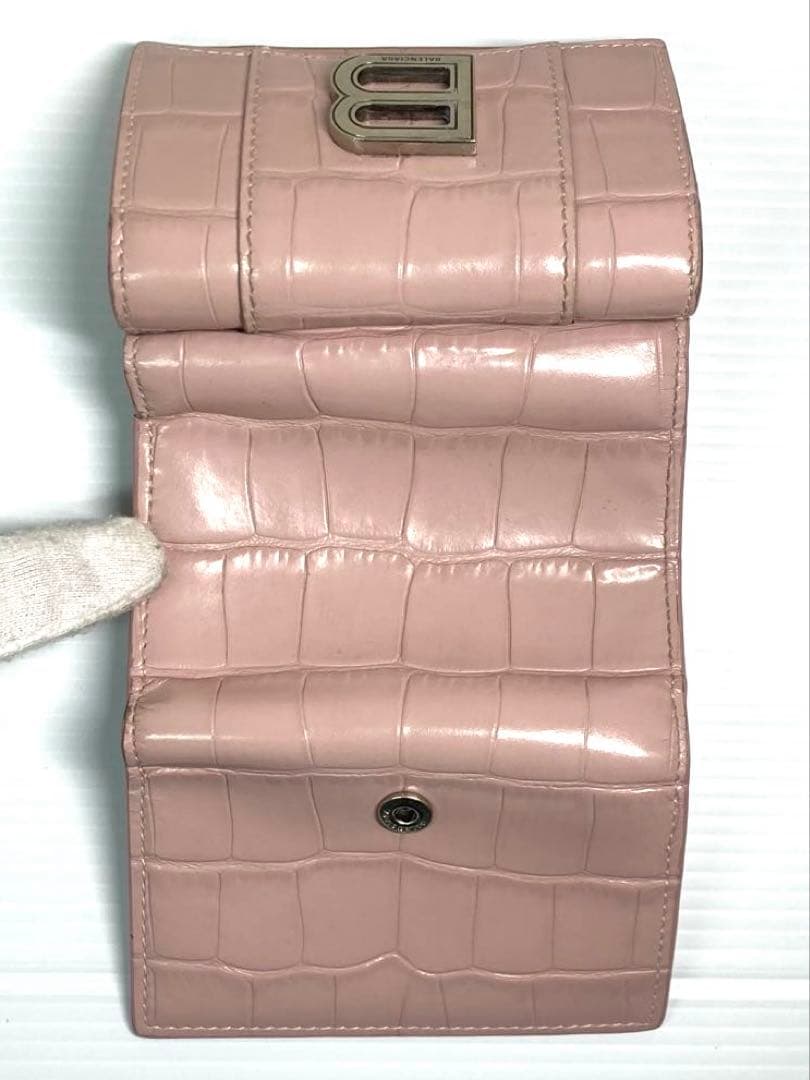 バレンシアガ　アワーグラス　クロコ型押し　レザー　三つ折り財布　Bロゴ　ピンク