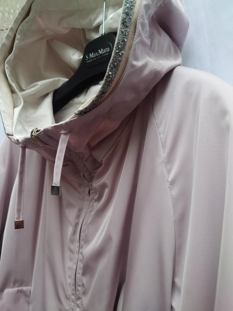 美品☆SMaxMara☆リバーシブル薄紫ビジューフードタフタコート☆４０