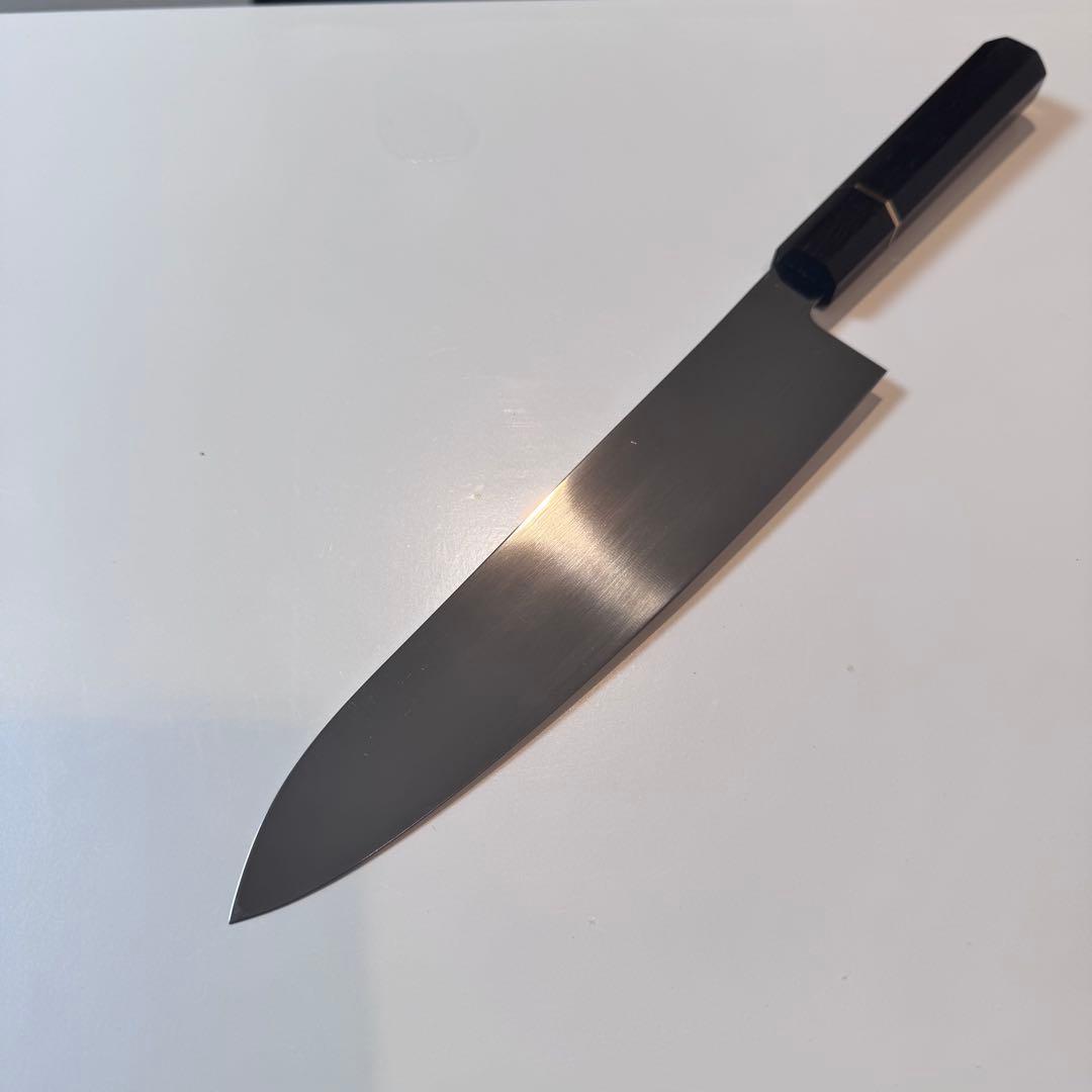 240mm 和牛刀　ステンレス全鋼 両刃 黒檀八角柄.-