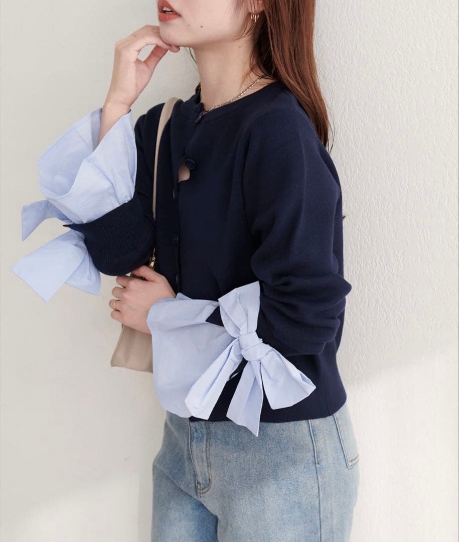 袖口リボンクルーネックカーデ natural couture